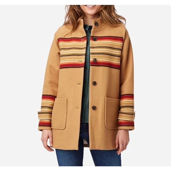 Pendleton Womens L Jacquard Wool Coat Southwestern Camel Beige Raglan Sleeve - Picture 1 of 13